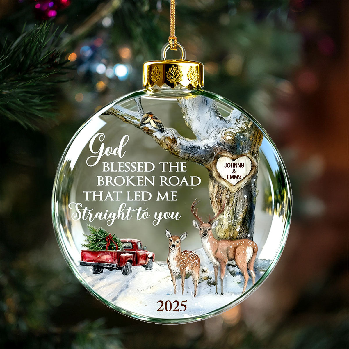 Personalized Reindeer God Blessed The Broken Road Acrylic Christmas Ornament Couple Gifts