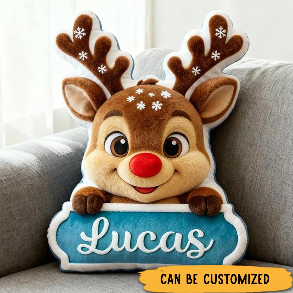 Personalized Reindeer Name Custom Soft Decorative Gift Red Nose Holiday Style Cute Winter Cozy Festive Joyful Lovely Christmas Room Fun Snowy Graphic 3D Print Pillow