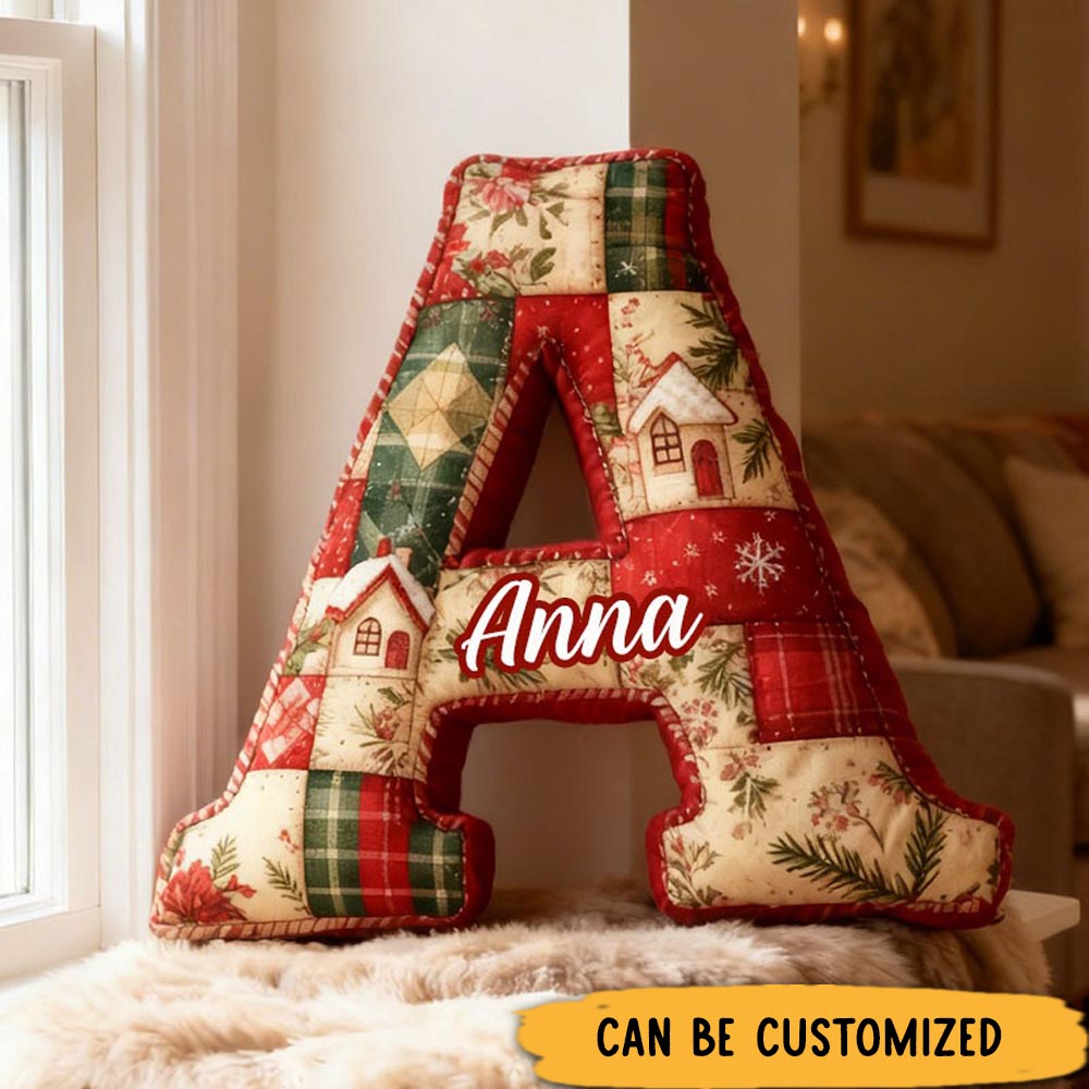 Personalized Retro Christmas Letter Pillow Graphic 3D Print Custom Name Cozy Holiday Decor with Patchwork and Cottage Design Perfect Seasonal Gift
