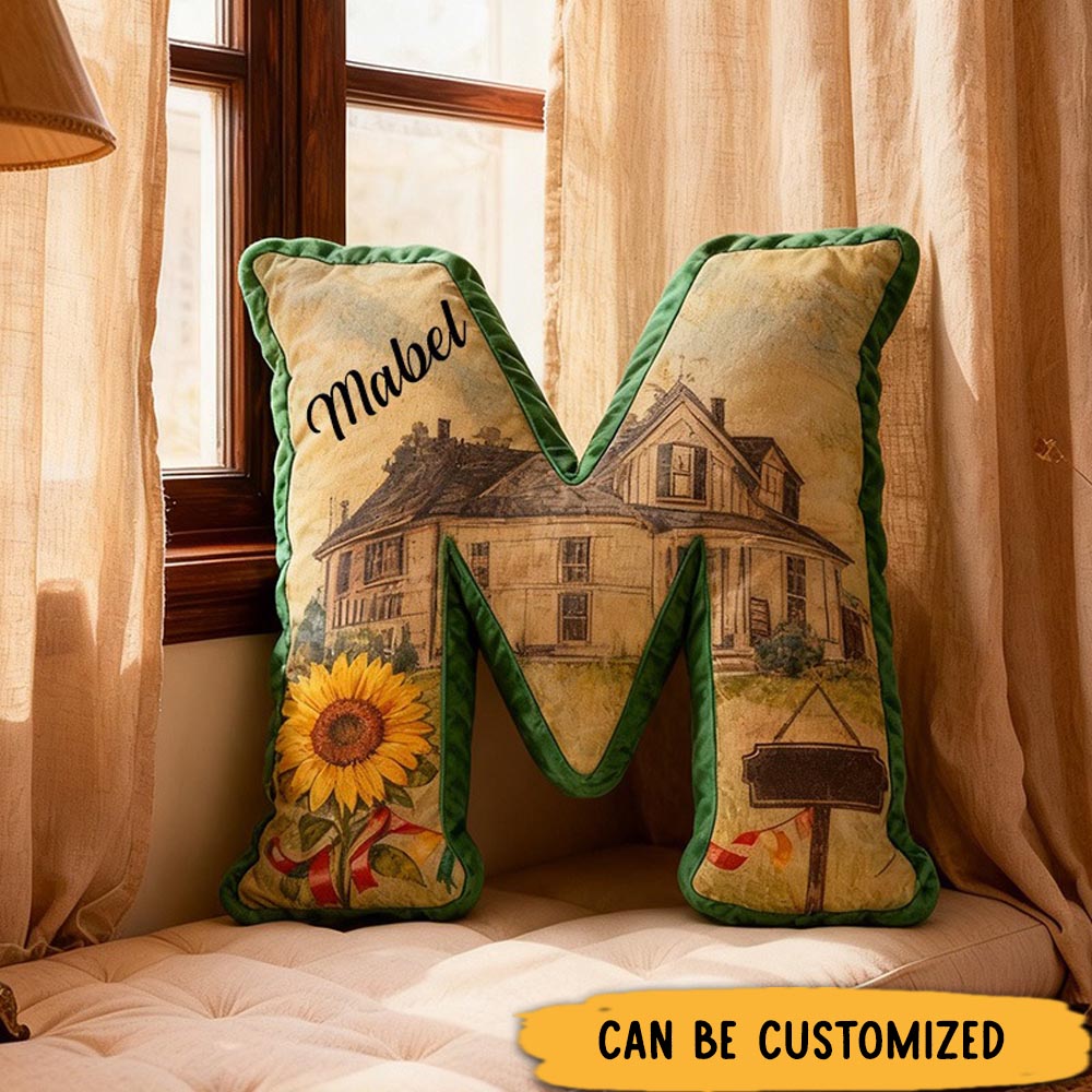 Personalized Retro Letter Pillow Graphic 3D Print Custom Name Cozy Home Decor with Sunflower and Cottage Design Charming Gift Idea for Any Room