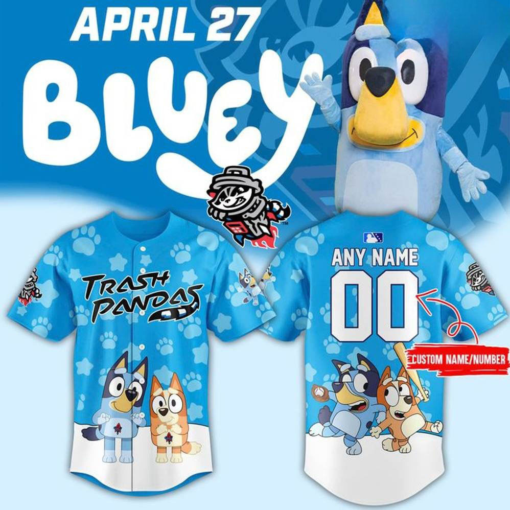 Personalized Rocket City Trash Pandas x Bluey Baseball Jersey Gift For Baseball Lover