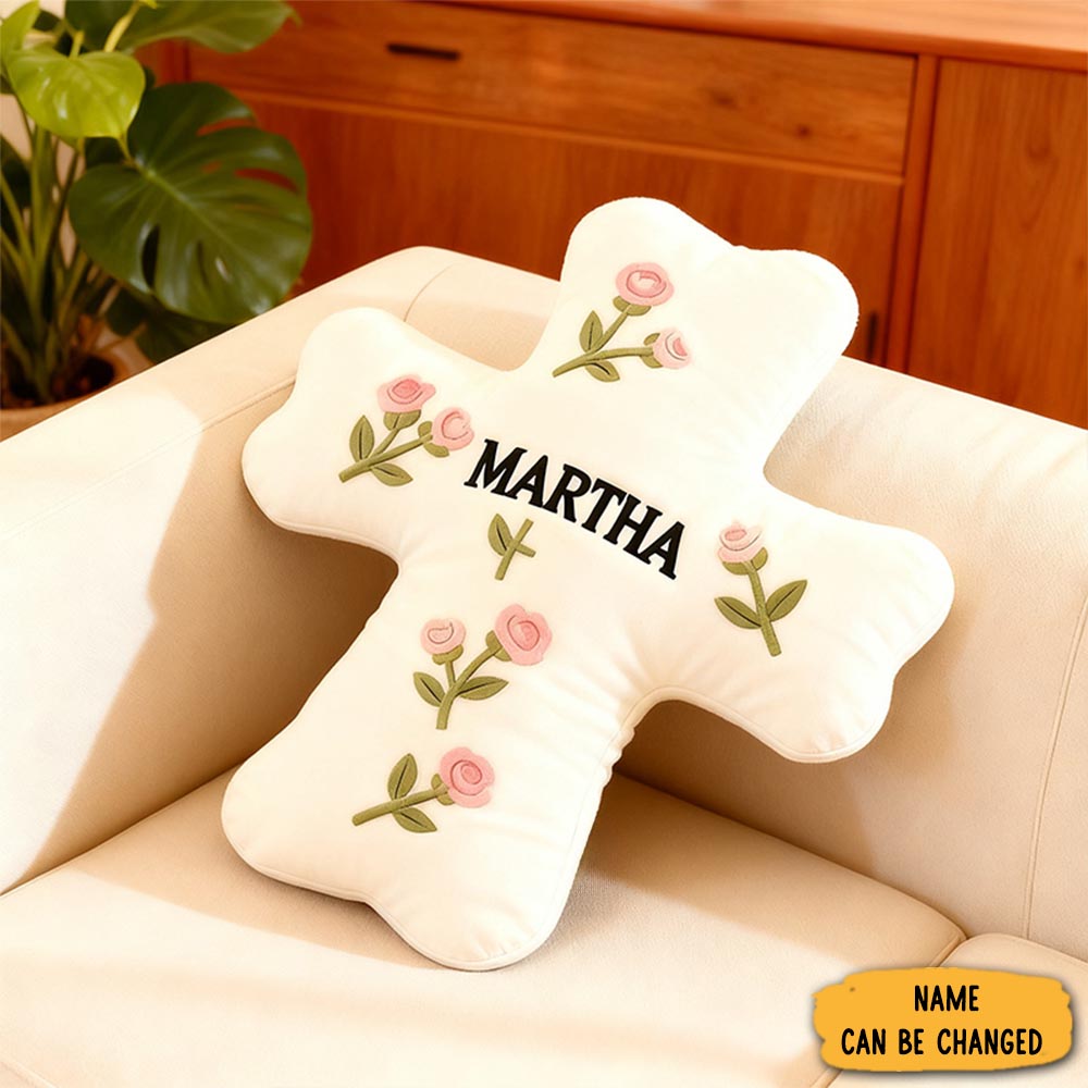 Personalized Roses Cross Pillow Home Decor Christian Flower Cross Pillow Christian Gifts