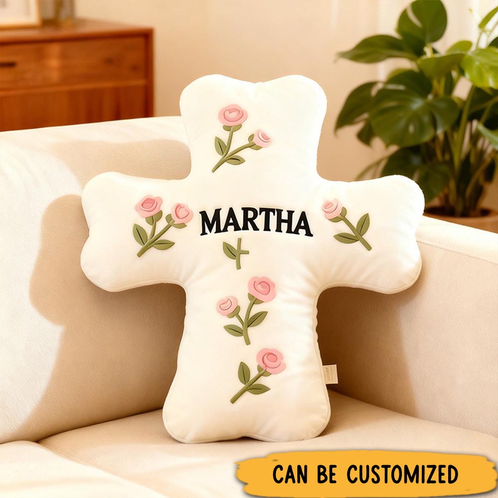 Personalized Roses Cross Pillow with Custom Name Home Decor Christian Flower Cross Pillow Religious Baptism Gift for Her Prayer Corner Faith Gift