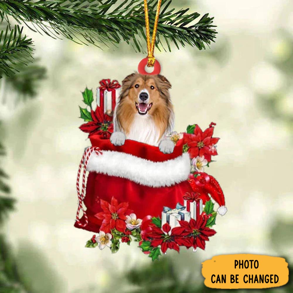 Personalized Rough Collie In Gift Bag Christmas Ornament Beautiful Holiday Ornament Keepsake
