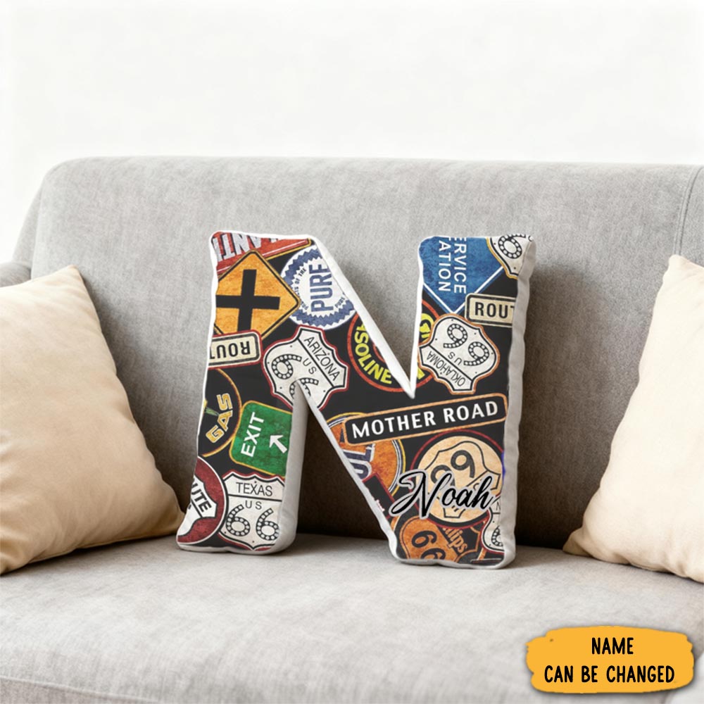 Personalized Route 66 Road Sign Initial Pillow Sofa Accent Gift For Travel Enthusiasts