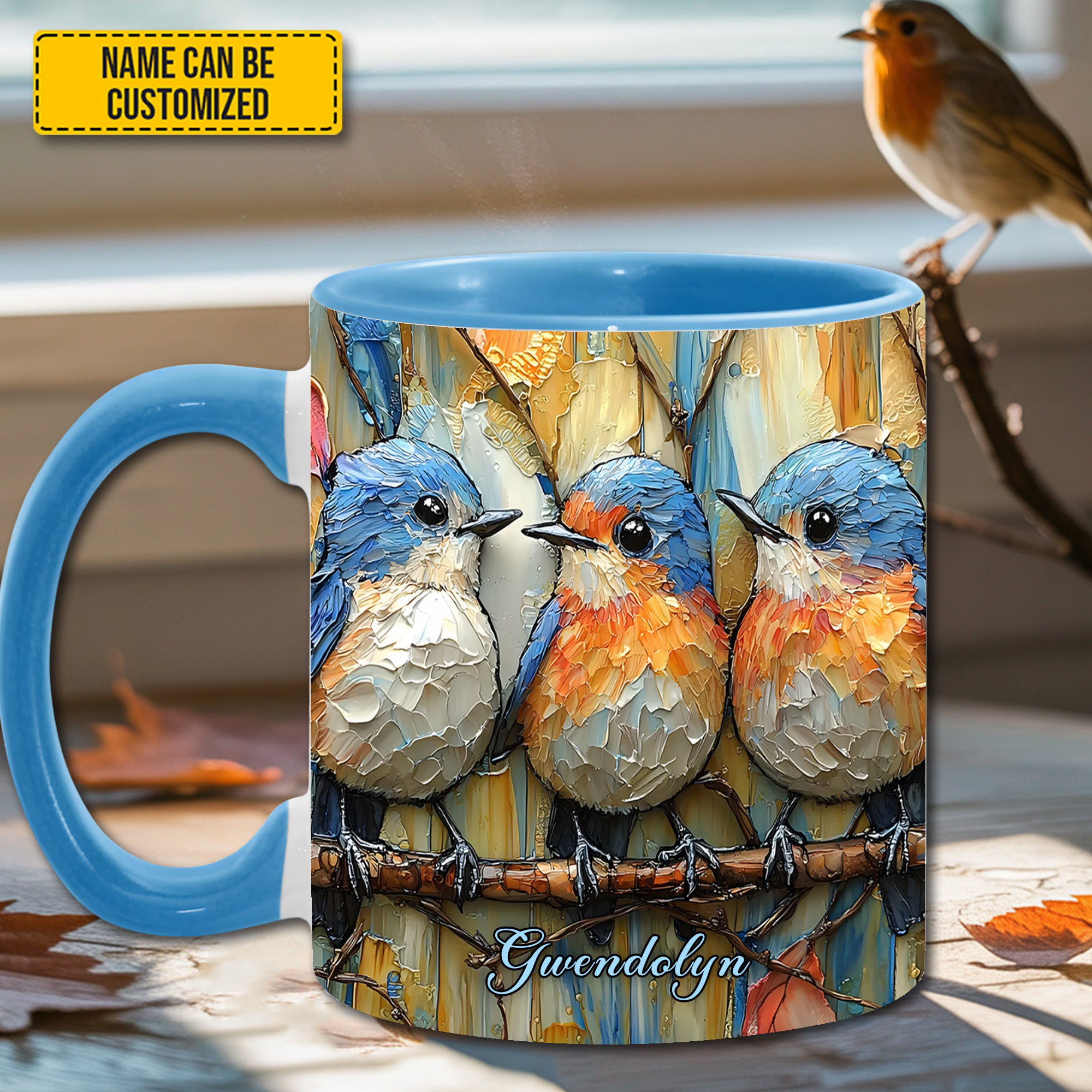 Personalized Row Of Bluebirds Mug Animal Themed Bird Accent Mug Gifts For Animal Lovers