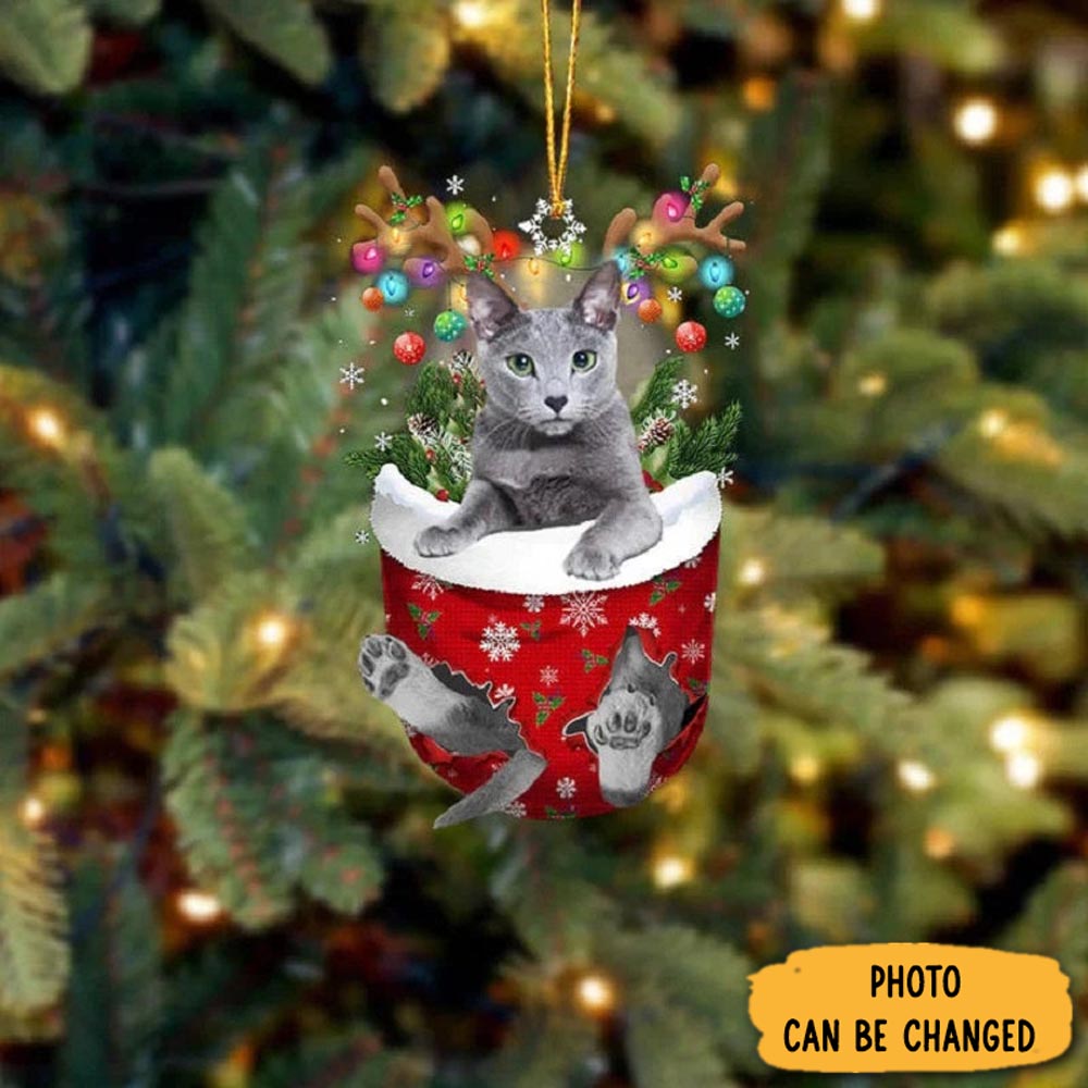 Personalized Russian Blue Cat In Snow Pocket Christmas Ornament Elegant Tree Ornament Decoration