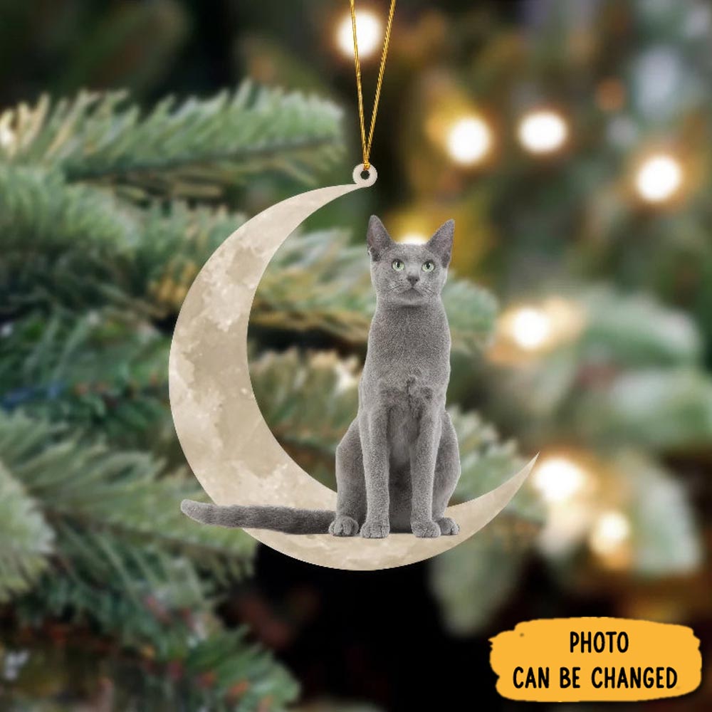 Personalized Russian Blue Cat Sits On The Moon Hanging Ornament Joyful Holiday Season Ornament Gift
