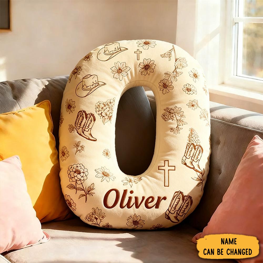 Personalized Rustic Cross Letter Pillow Vintage Cowboy Hat Design Religious Christmas Gifts