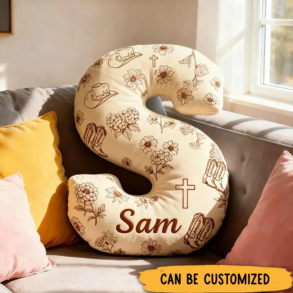 Personalized Rustic Cross Letter Pillow with Custom Name Home Decor Vintage Cowboy Hat Boot Flower Pillow Religious Christian Gift