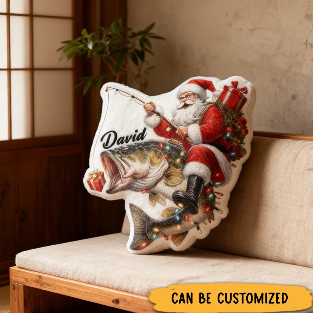 Personalized Santa Fishing Pillow Funny Fishing Pillow Custom Name Graphic 3D Print Soft Christmas Decor for Fishing Lovers Perfect Holiday Gift for Kids and Anglers