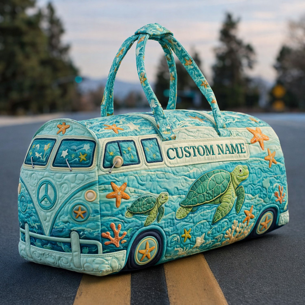 Personalized Sea Turtle Hippie Van Quilted Duffle Bag Ocean Starfish Coastal Theme Gift For Turtle Lovers
