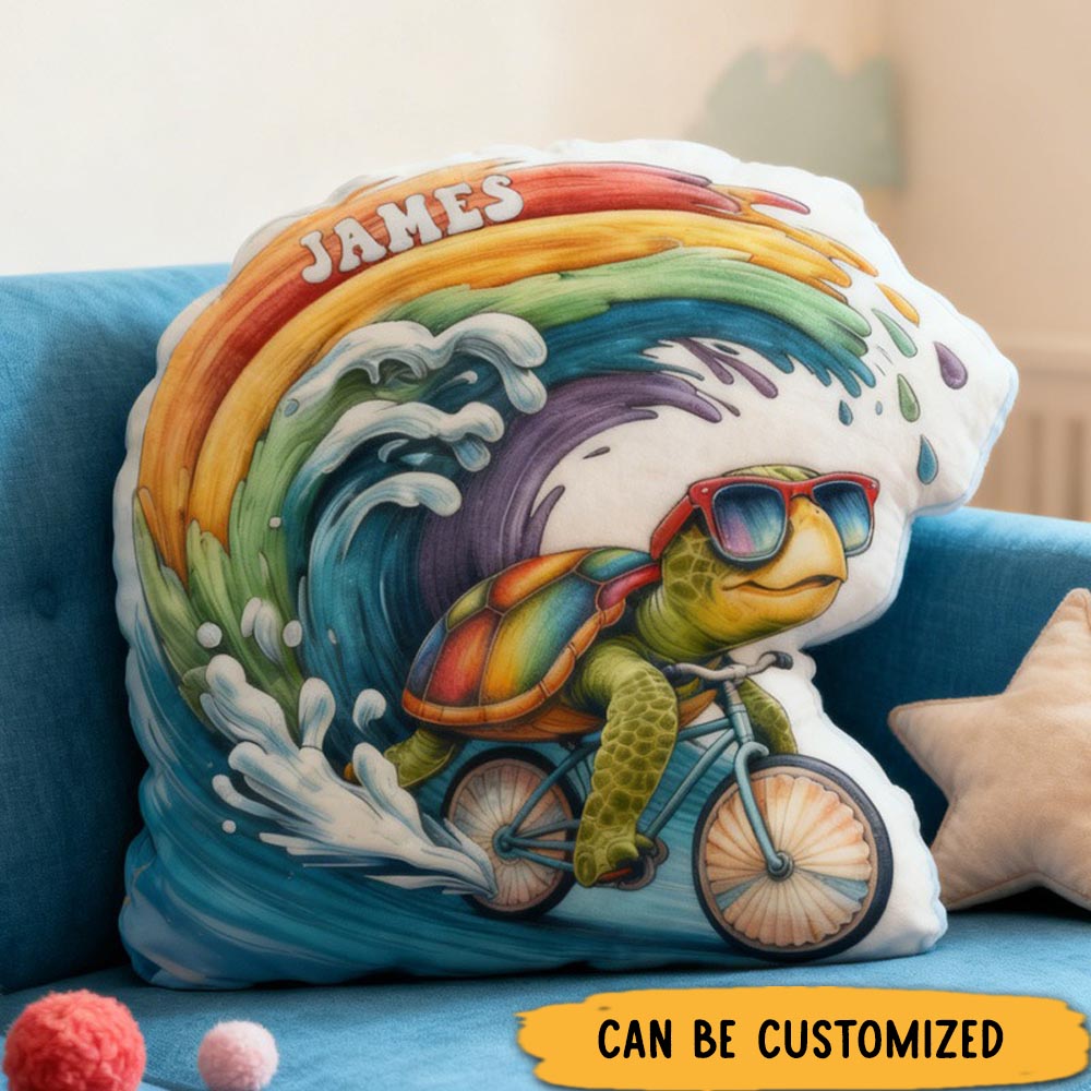 Personalized Sea ??Turtle Rider Bike Pillow Cozy Graphic 3D Print Cool Racing Biker Rainbow Ocean Pillow Name Pillow Comfortable Travel Cushion for Kids Boys Riding Lovers