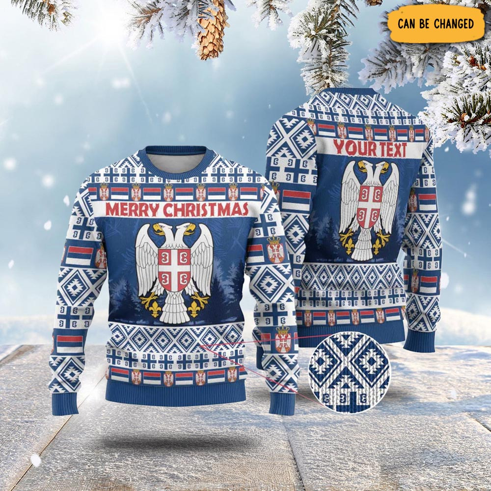 Personalized Serbia Christmas Ugly Christmas Sweater Coat Of Arms - Blue Version