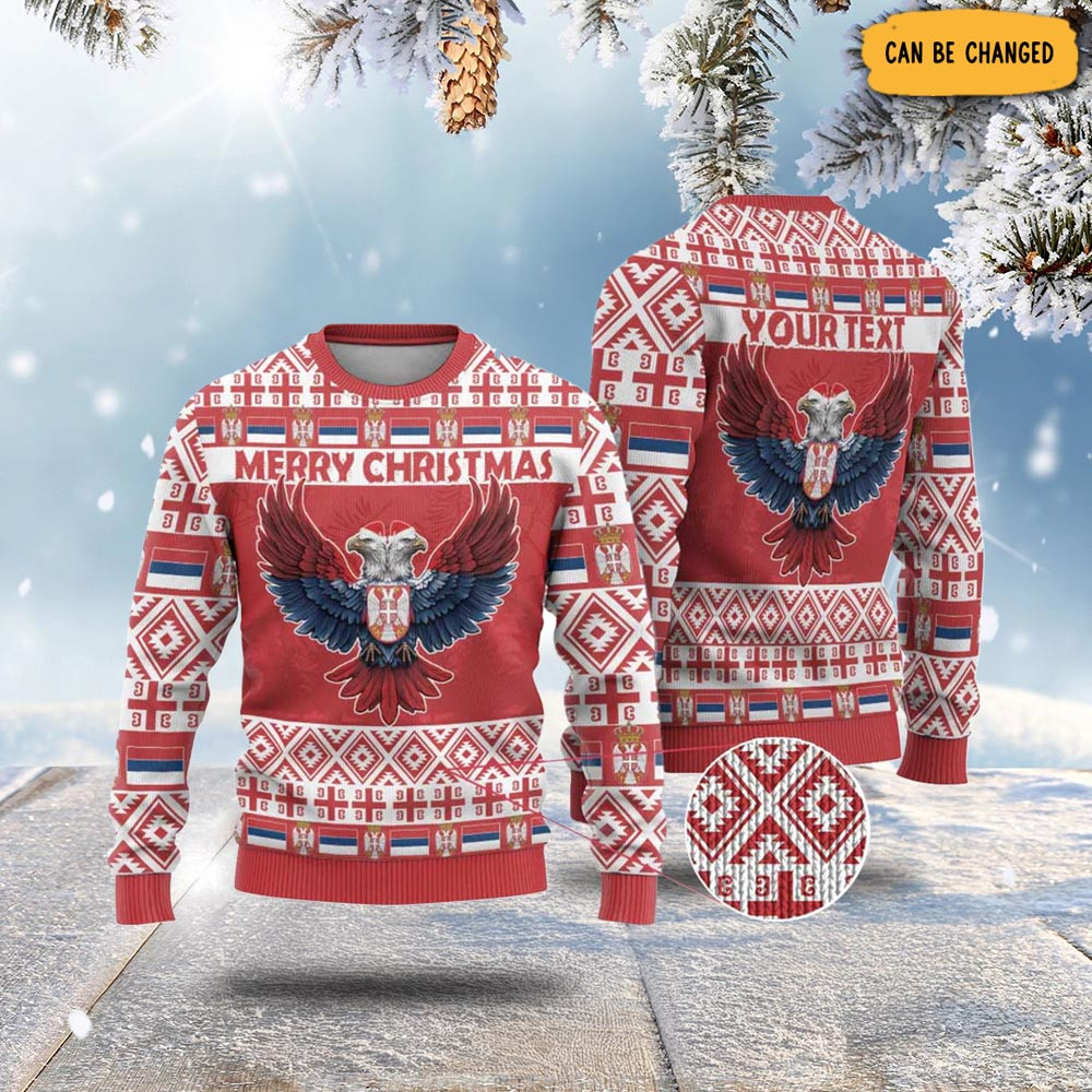 Personalized Serbia Christmas Ugly Christmas Sweater Double-Headed Eagle - Red Version