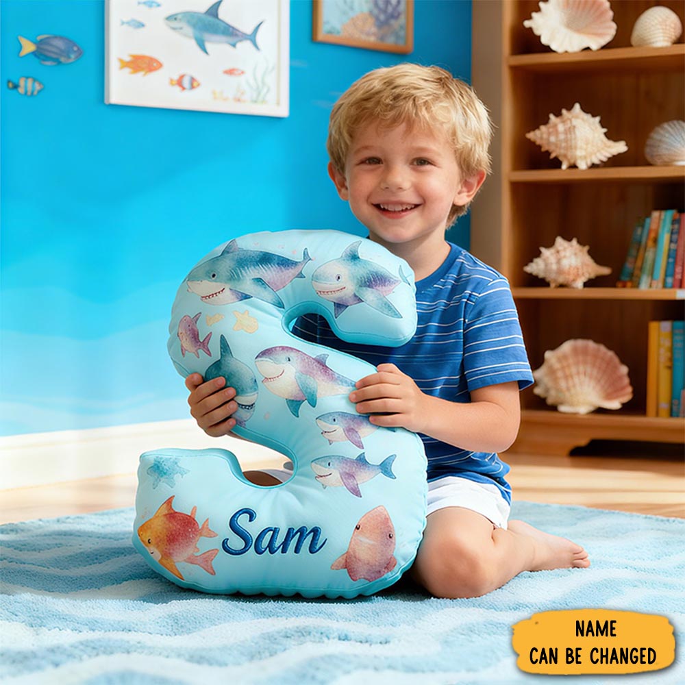 Personalized Shark Letter Initial Soft Pillow Animal Themed Sofa Decor Christmas Gifts For Son