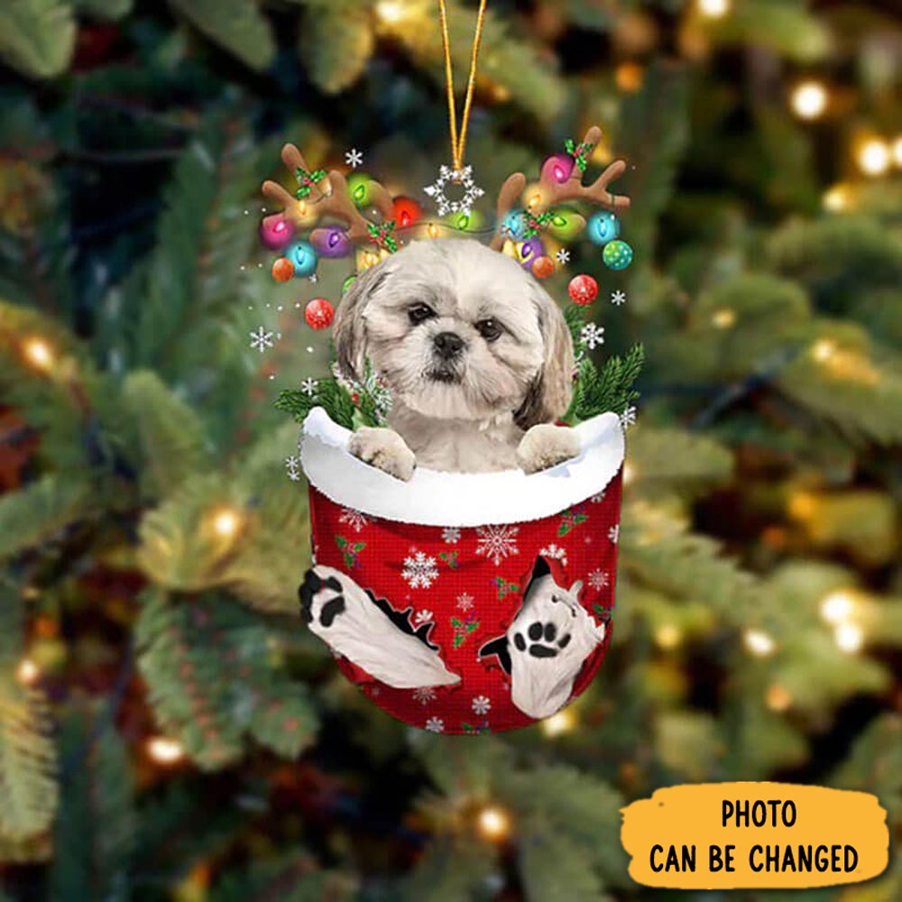 Personalized Shih Tzu In Snow Pocket Christmas Ornament Joyful Holiday Season Ornament Gift
