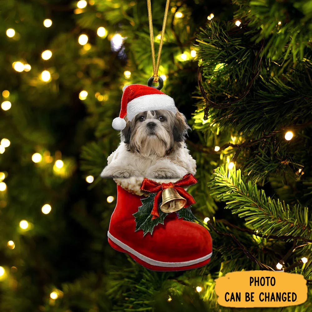 Personalized Shih Tzu Silver & White In Santa Boot Christmas Hanging Ornament Unique Ornament Gift For Friends