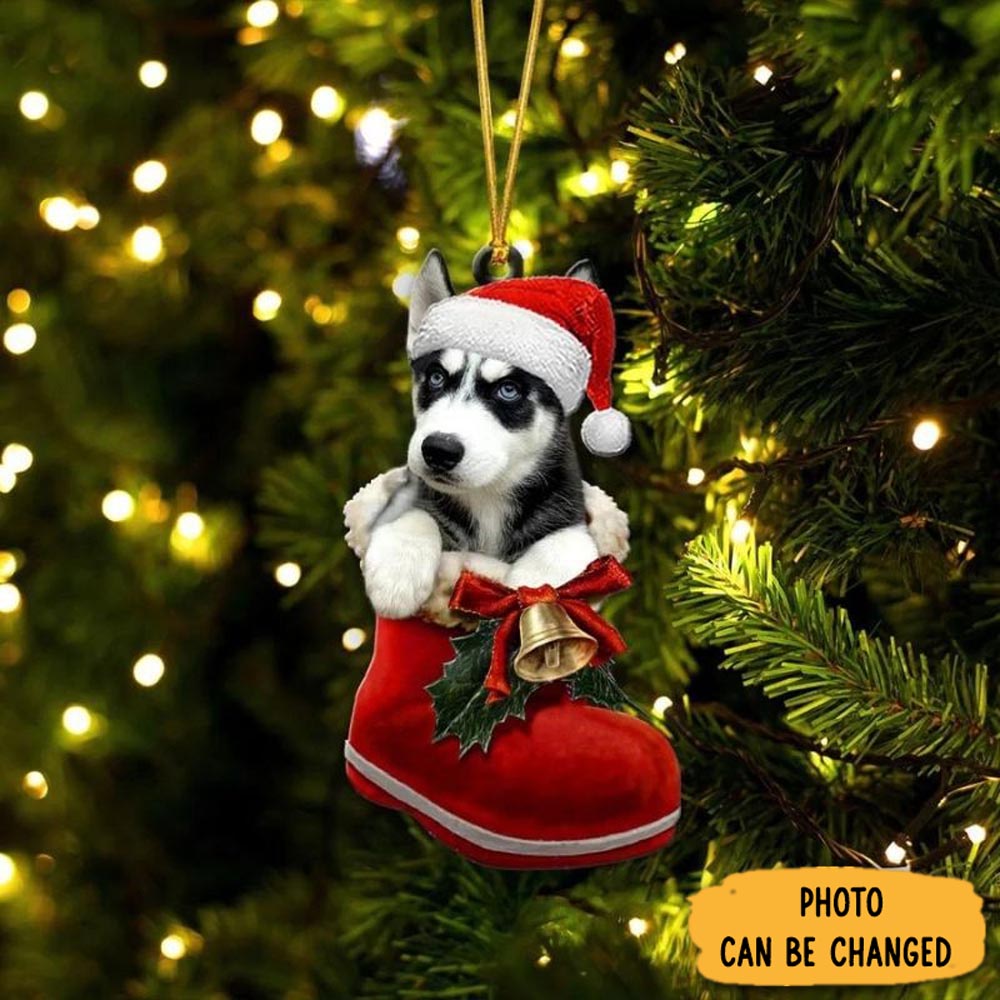 Personalized Siberian Husky Black White In Santa Boot Christmas Hanging Ornament Cozy Christmas Ornament Decoration