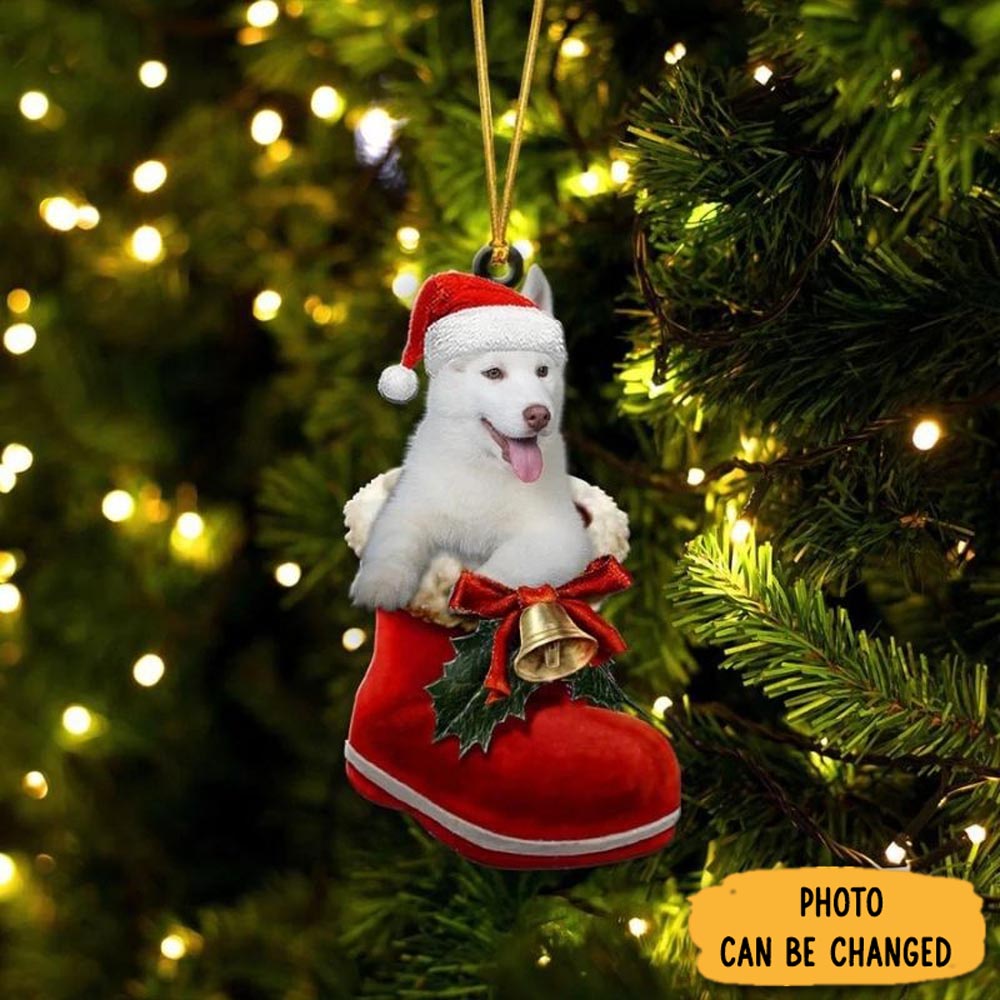 Personalized Siberian Husky White In Santa Boot Christmas Hanging Ornament Beautiful Holiday Ornament Keepsake