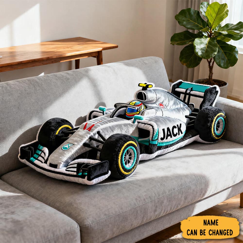 Personalized Silver Racing Car Pillow Sport Car Themed Room Accent Cushion Gifts For Him