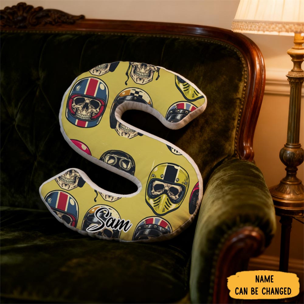 Personalized Skull And Helmet Racing Initial Pillow Sport Themed Sofa Decor Pillow Gift Ideas