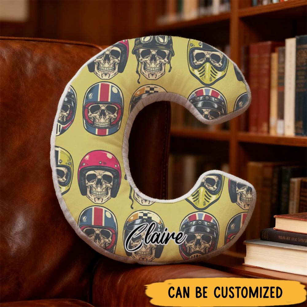 Personalized Skull and Helmet Racing Initial Pillow with Custom Name Gift for Motorsport Fans