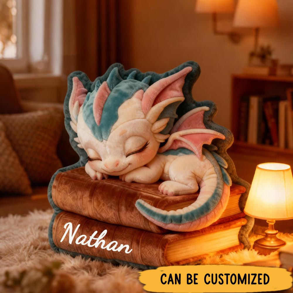 Personalized Sleeping Dragon and Book Throw Pillow Dragon Fantasy Bookish Pillow with Name for Kids Boy Girl Gift for Reading Lover Pillow