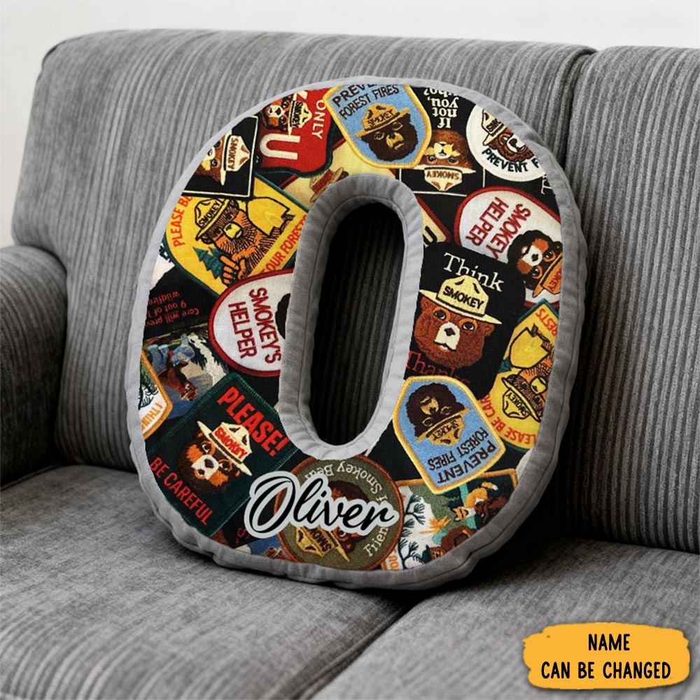 Personalized Smokey Bear Initial Pillow Animal Themed Sofa Decor Gift For Nature Lovers