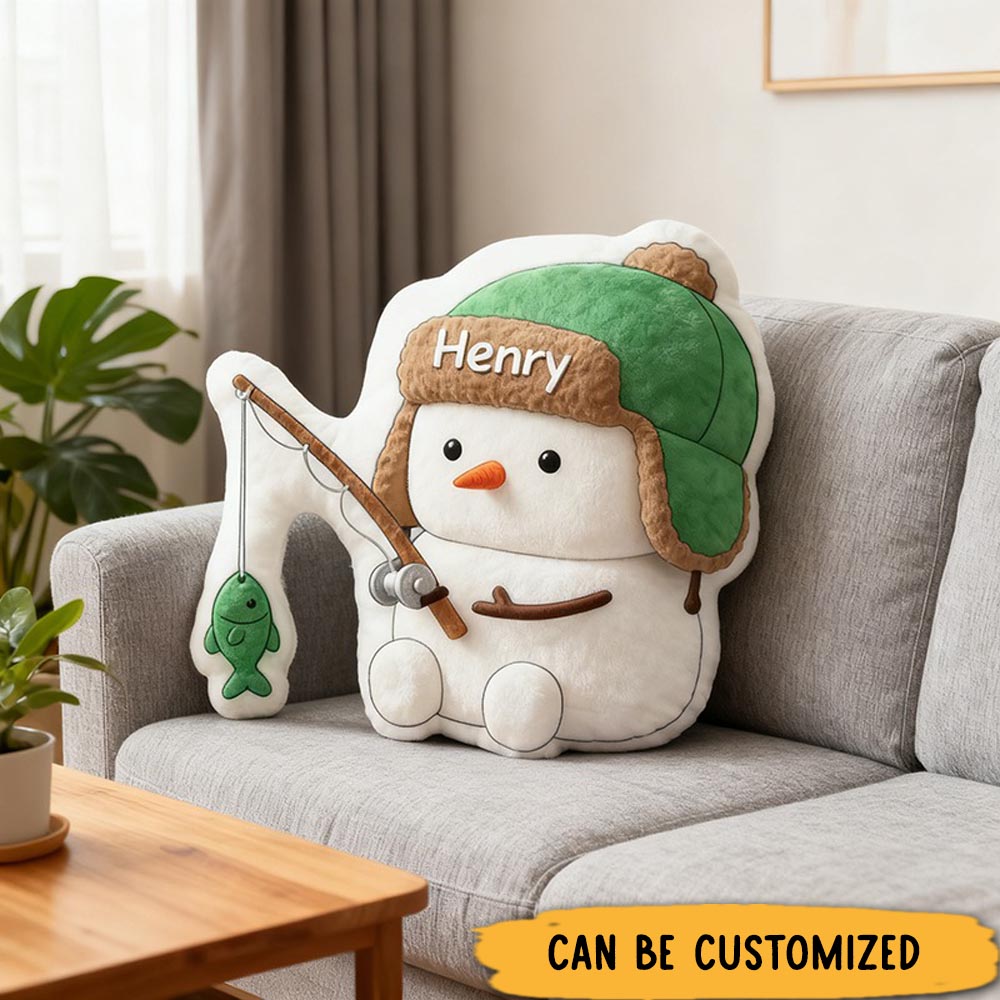 Personalized Snowman Fishing Pillow Funny Fishing Pillow Custom Name Graphic 3D Print Soft and Cute Gift for Kids Perfect for Fishing Lovers and Winter Decor