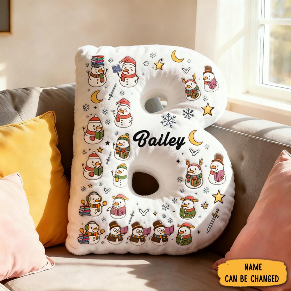 Personalized Snowman Reading Book Pillow Holiday Decor Sofa Accent Xmas Gifts For Bookworm