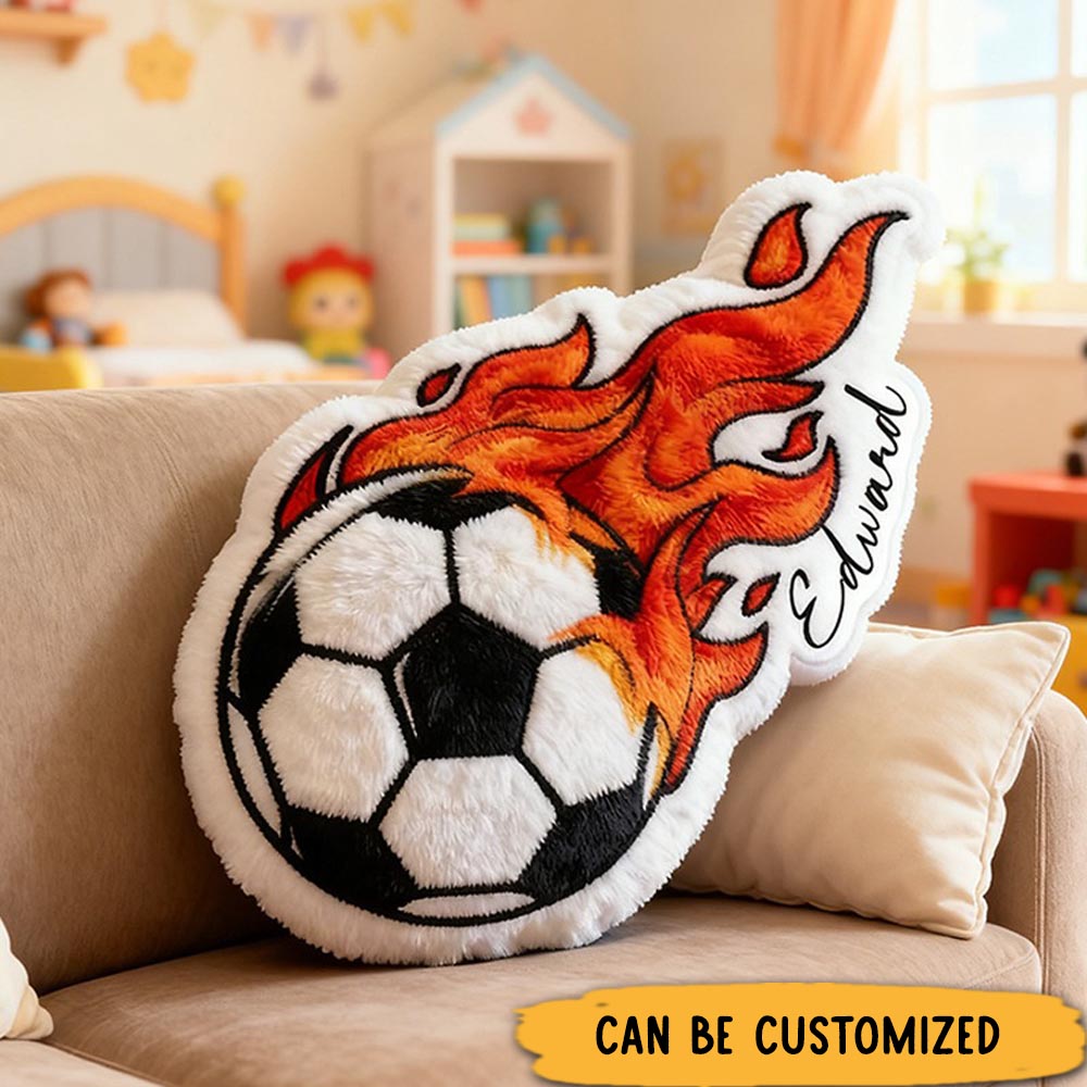 Personalized Soccer Ball Throw Pillow Featuring Fiery Design and Name for Sports Lovers and Kids