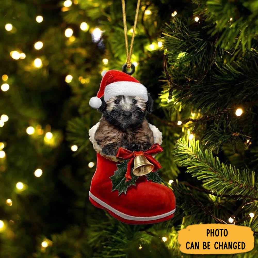 Personalized Soft-Coated Wheaten Terrier In Santa Boot Christmas Hanging Ornament Joyful Holiday Season Ornament Gift