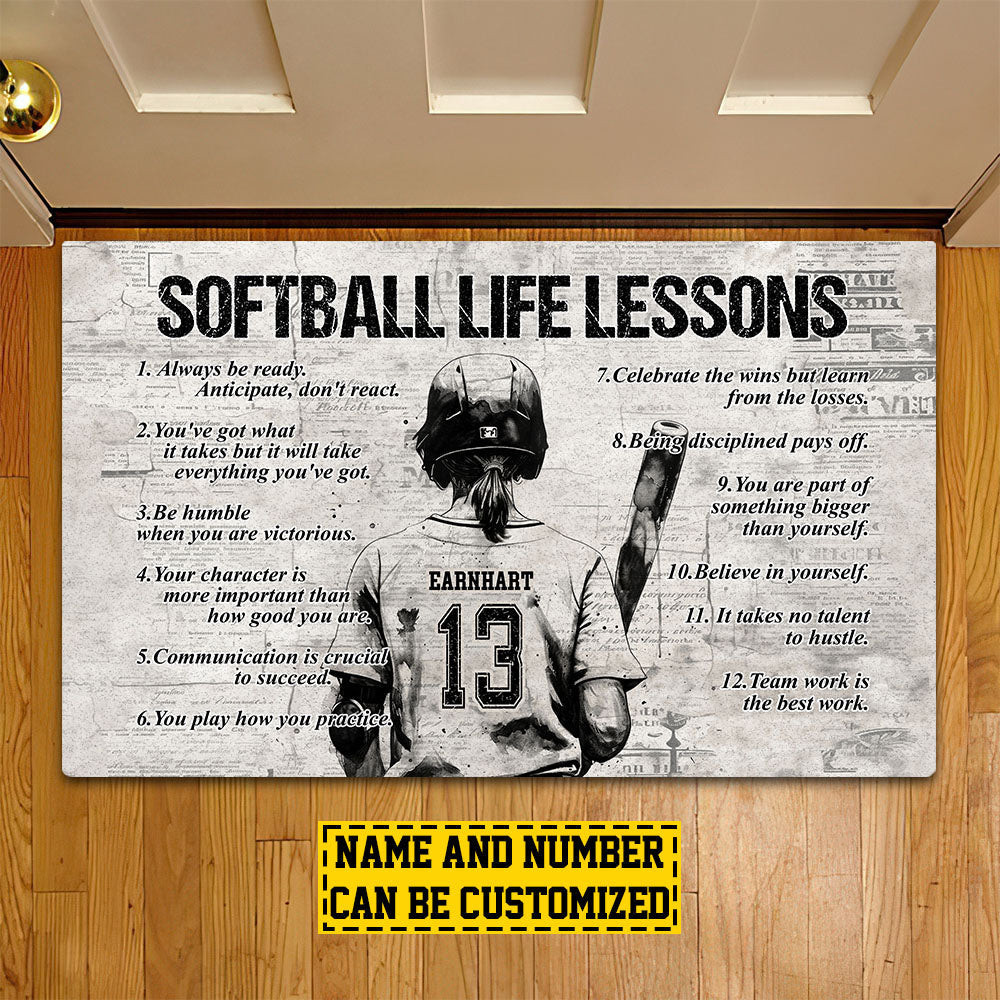 Personalized Softball Doormat Softball Life Lessons Motivational Quotes Doormat For Home Decor Housewarming Gift Welcome Mat Gift For Softball Lovers