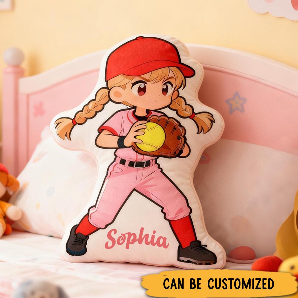 Personalized Softball Player Pillow with Custom Name and Cute Design