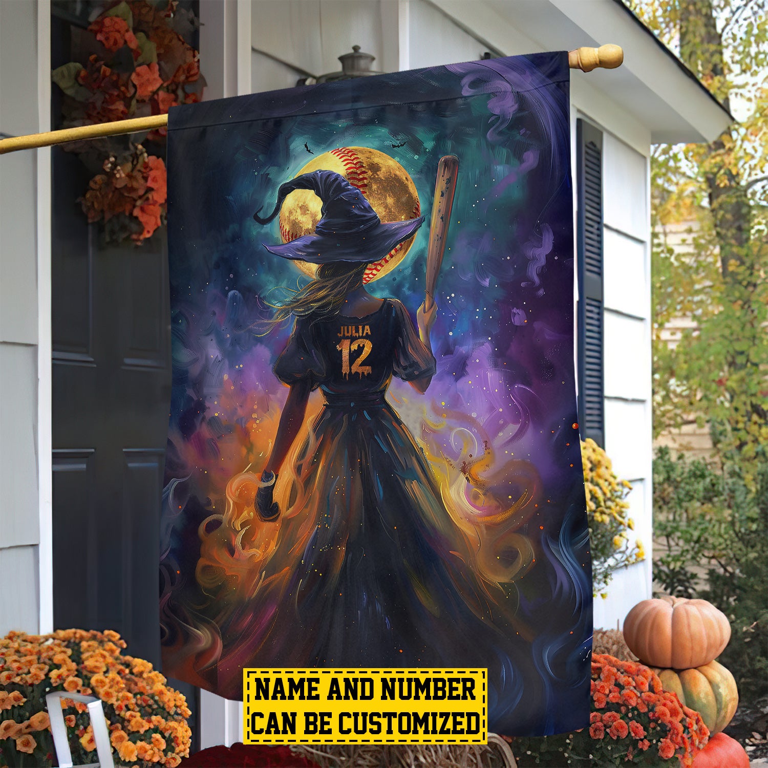 Personalized Softball Witch Garden Flag Halloween Decor Spooky Yard Decor Softball Lovers Gift