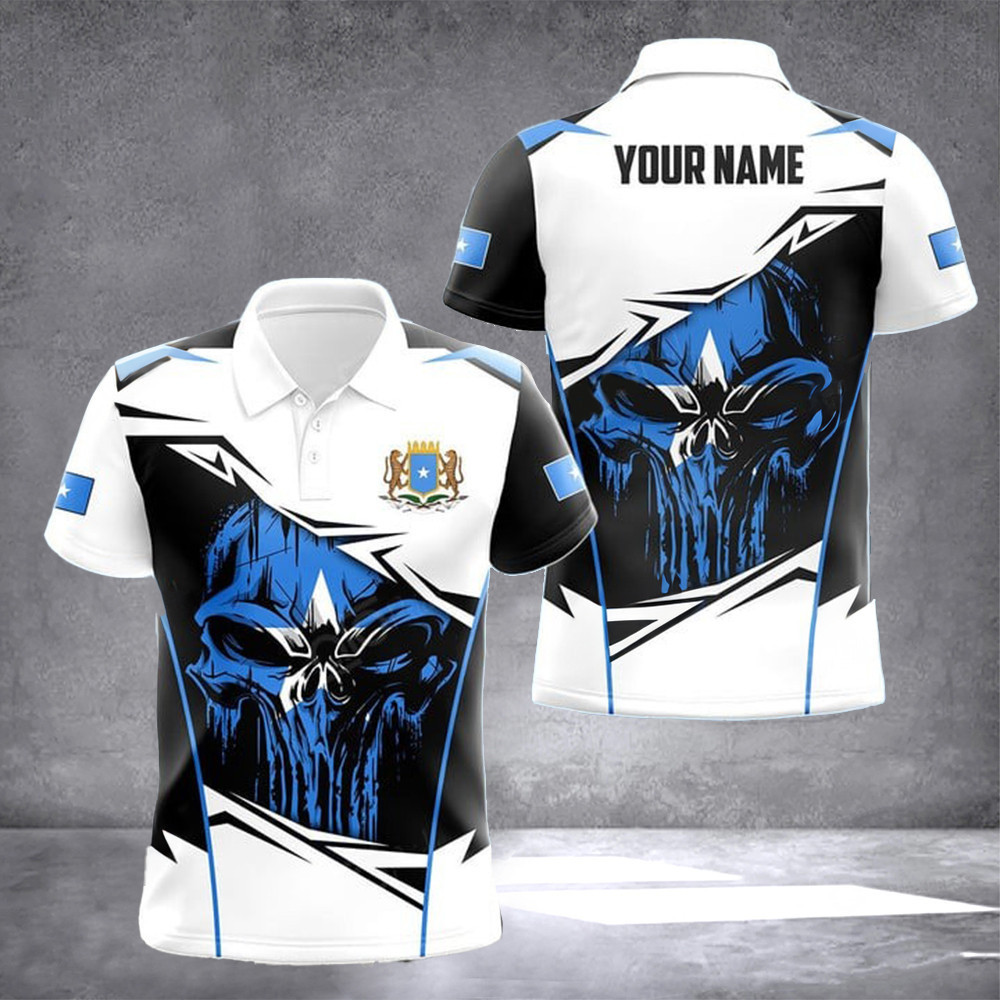 Personalized Somalia Flag Skull Coat Of Arms Polo Shirt Somalia Crest Emblem Polo
