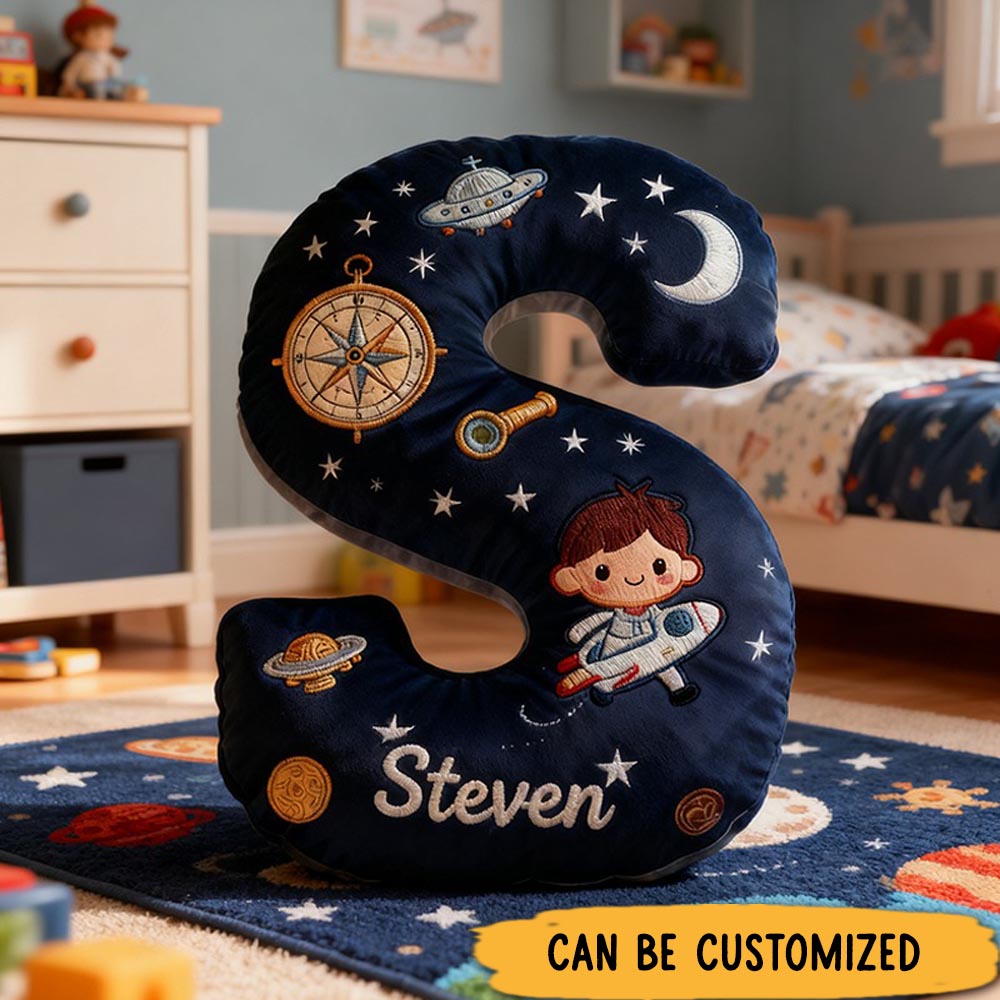 Personalized Space Themed Christmas Gift Pillow with Stars Moon Spaceship Compass Telescope and Astronaut Design Graphic 3D Print Pillow