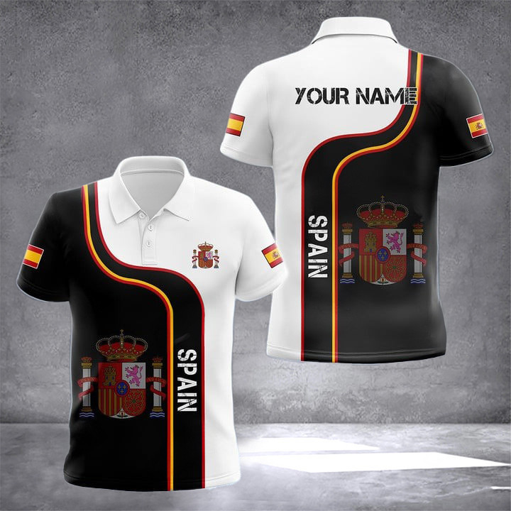 Personalized Spain Coat Of Arms Polo Shirt Spanish Flag Crest Emblem Apparel Gifts