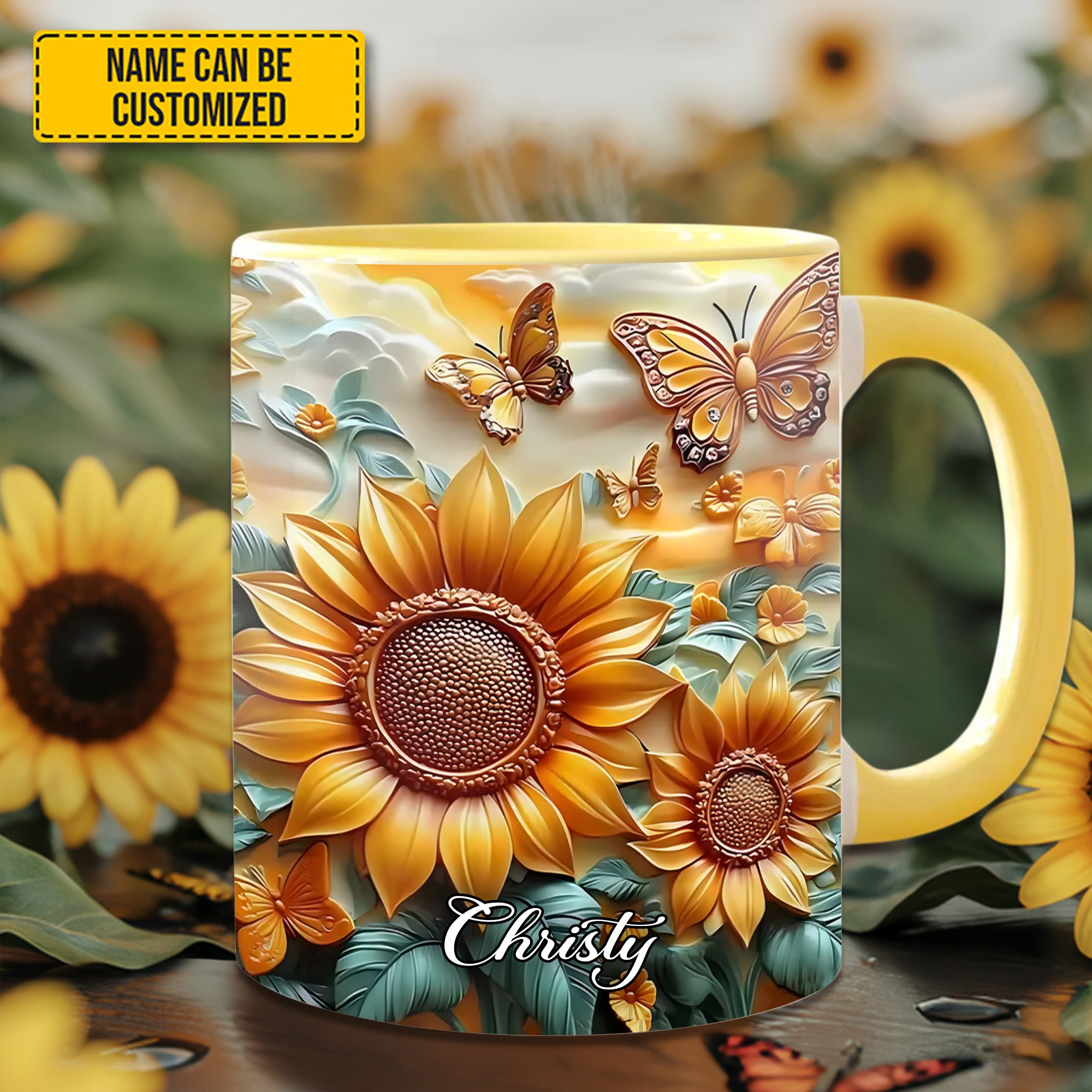 Personalized Sunflower With Butterflies Mug Nature Vibes Sunflower Coffee Mug Girlfriend Gifts