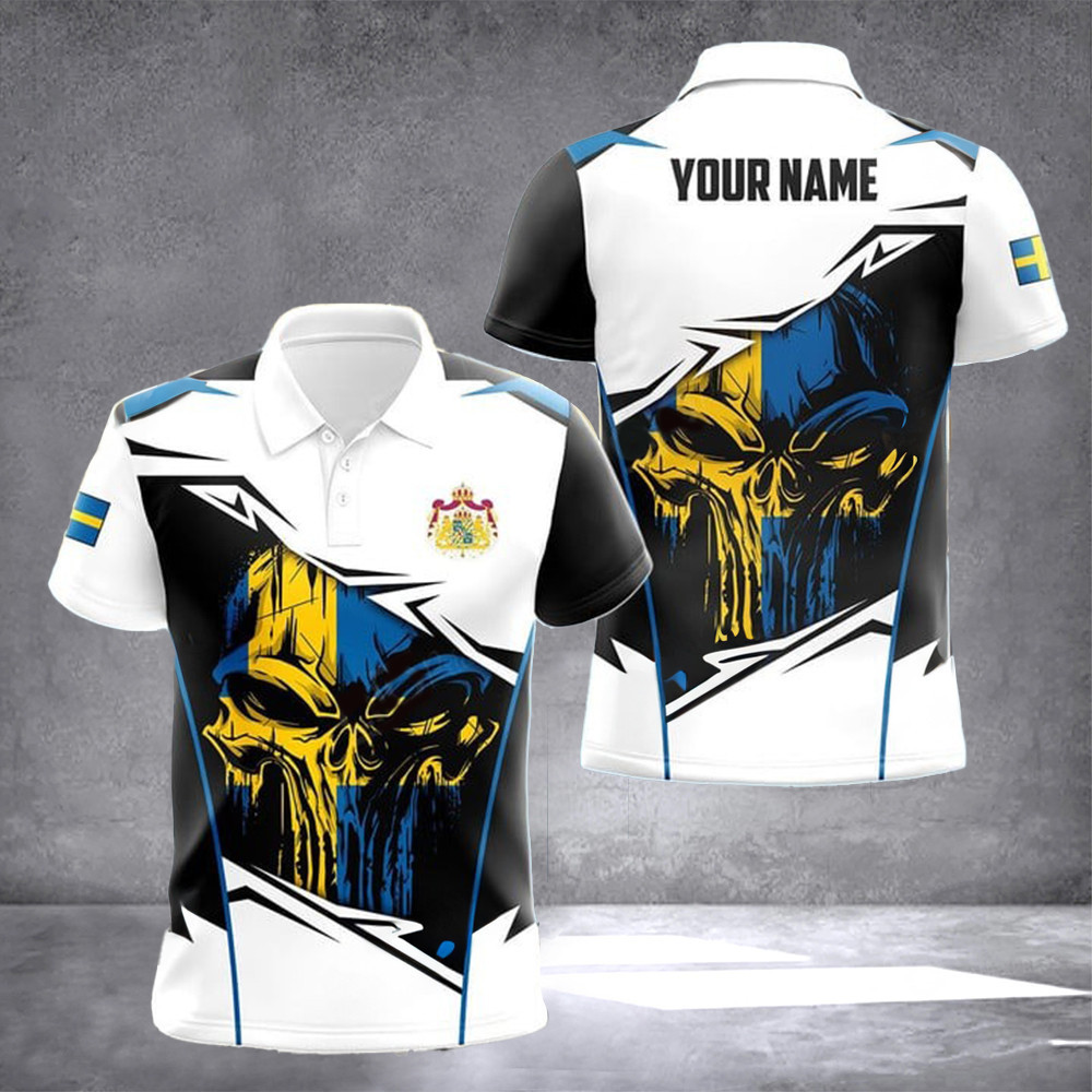 Personalized Sweden Skull Coat Of Arms Polo Shirt Swedish Flag Mens Gift Ideas