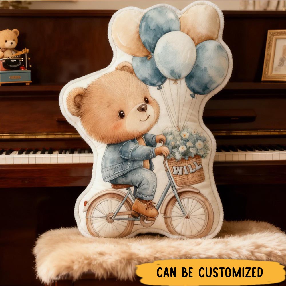 Personalized Teddy Riding Pillow Cozy Lovely Graphic 3D Print Bicycle Throw Pillow Name Pillow Comfortable Balloon Travel Cushion for Kids Girls Riding Lovers
