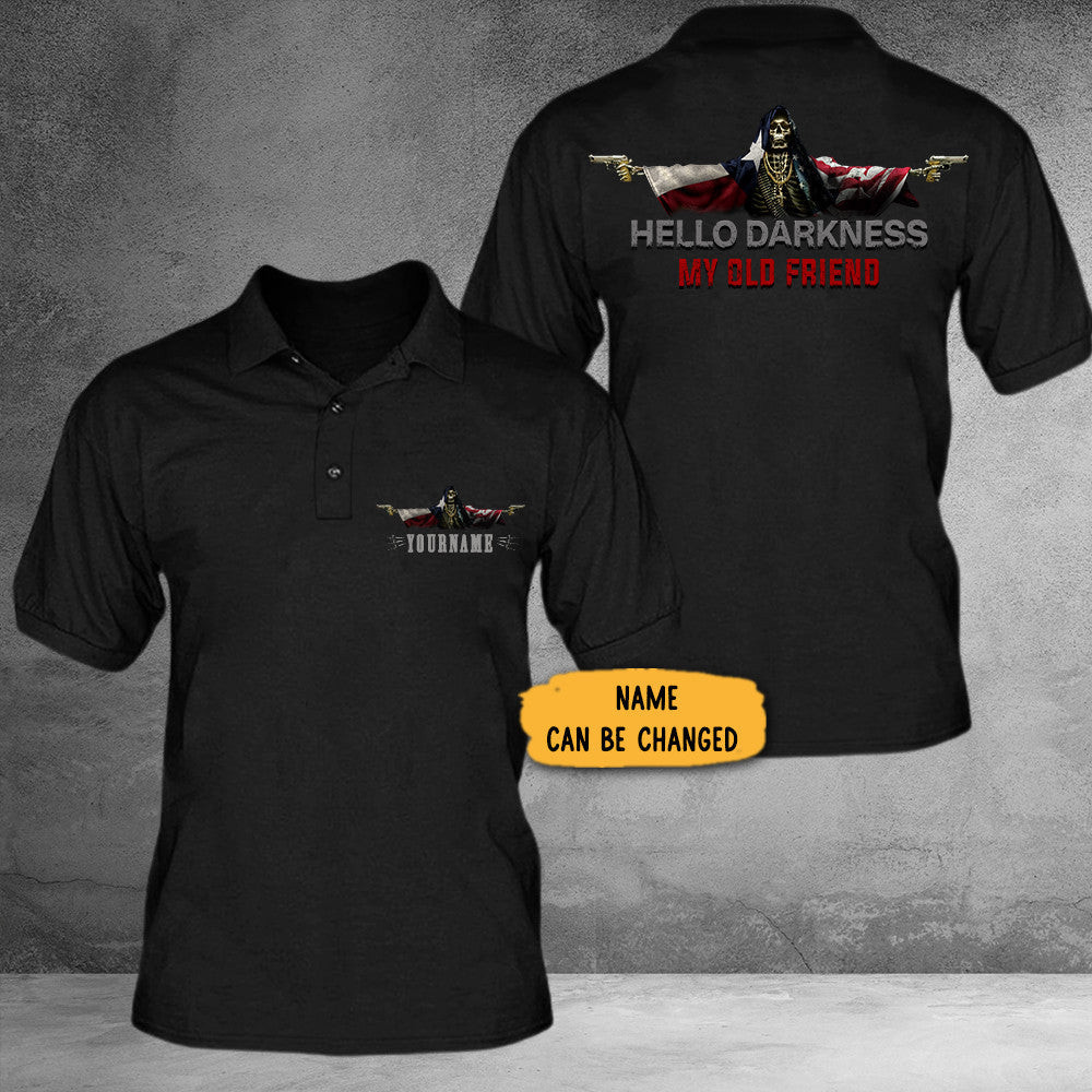 Personalized Texas And American Flag Skull Hello Darkness My Old Friend Polo Shirt