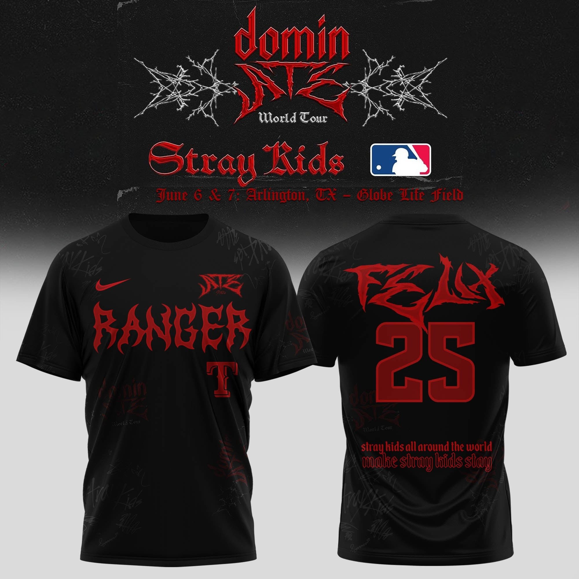 Personalized Texas Rangers x Stray Kids Felix Dominate World Tour 2025 T-Shirt Gifts For Music Fans