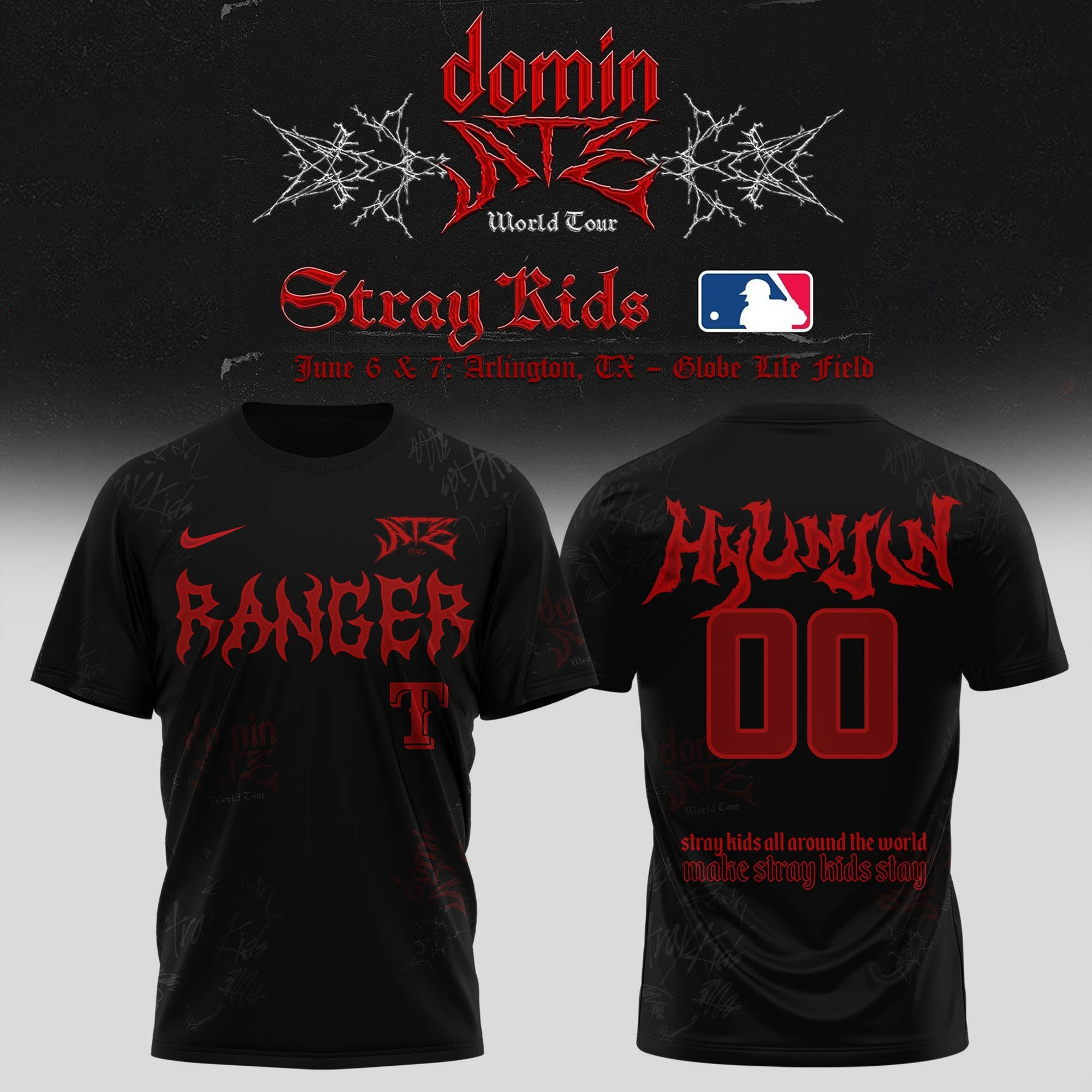 Personalized Texas Rangers x Stray Kids Hyun Jin Dominate World Tour 2025 T-Shirt Music Related Gifts For Guys