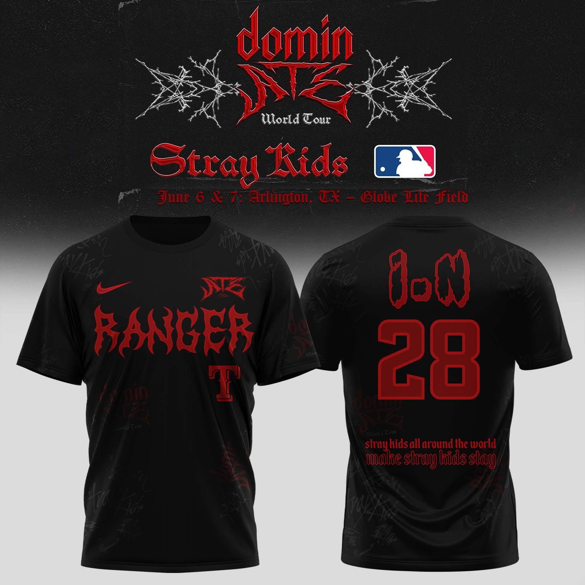 Personalized Texas Rangers x Stray Kids I-N Dominate World Tour 2025 T-Shirt Gift Ideas For Music Lovers
