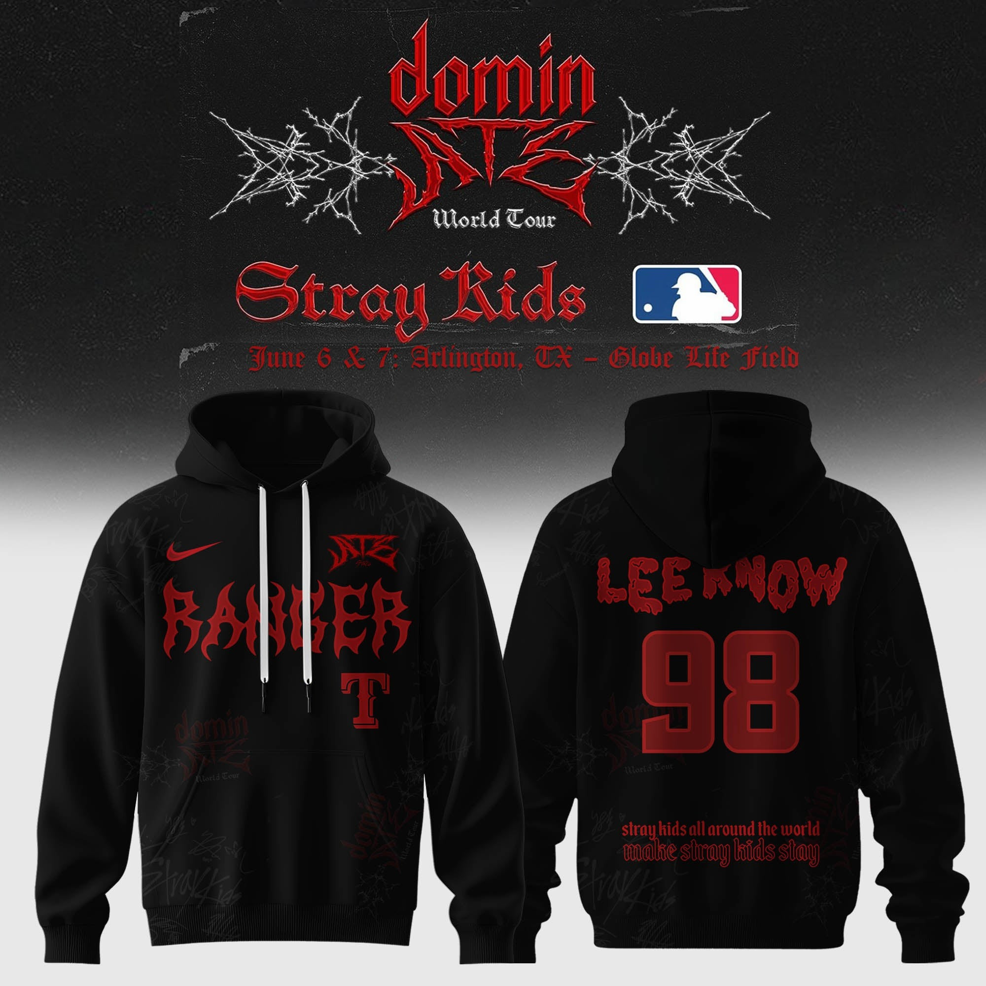 Personalized Texas Rangers x Stray Kids Lee know Dominate World Tour 2025 Hoodie Gifts For Music Lovers