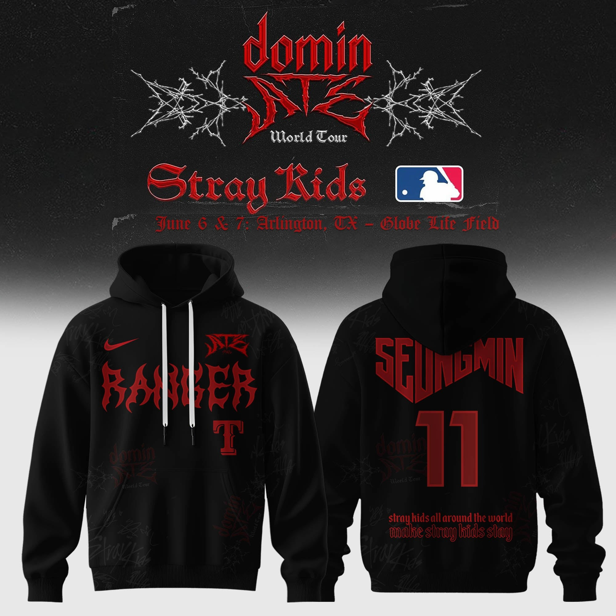 Personalized Texas Rangers x Stray Kids Seung Min Dominate World Tour 2025 Hoodie Gifts For Music Lovers