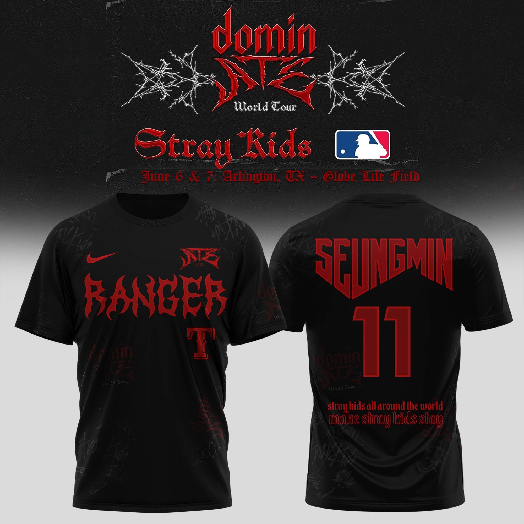 Personalized Texas Rangers x Stray Kids Seung Min Dominate World Tour 2025 T-Shirt Unique Gifts For Music Lovers