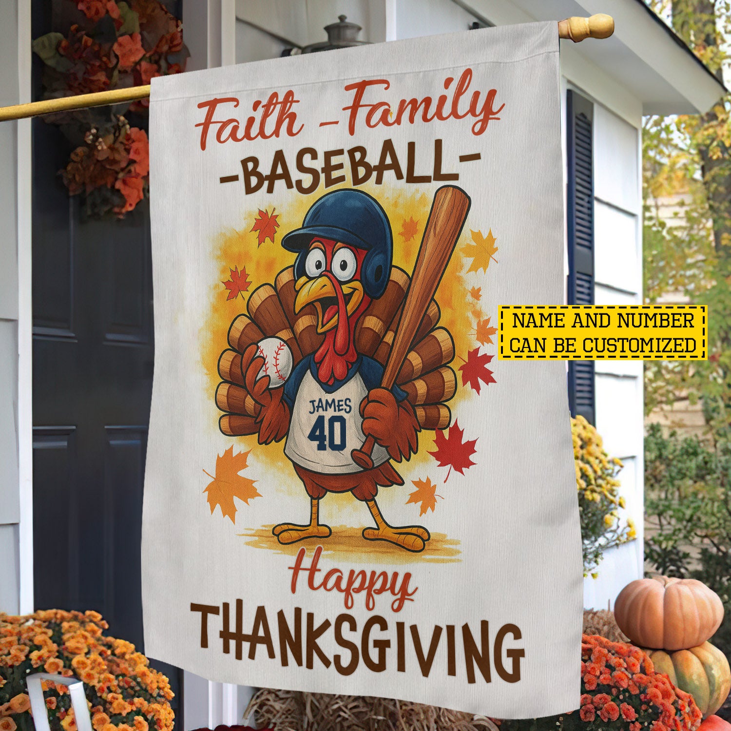 Personalized Thanksgiving Baseball Flag Faith Family Baseball Thankful Turkey Yard Decor Baseball Lover Gift